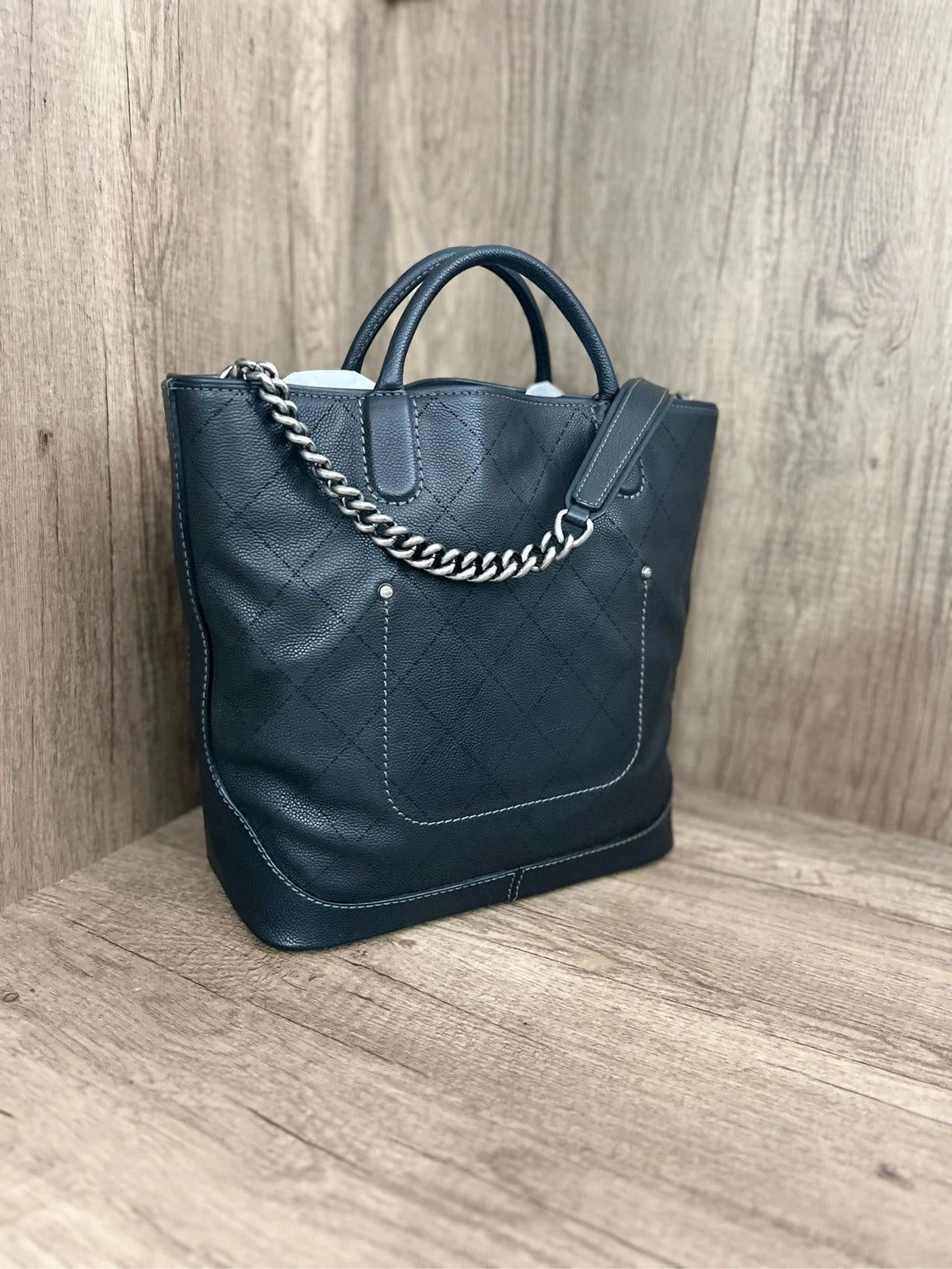 CHANEL Black Silver Quilted Chain Shoulder Tote Bag For Women