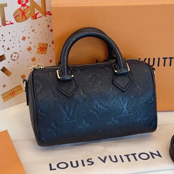Louis Vuitton Speedy Nano Calfskin Top Handle Bag Crossbody Black Gold Women