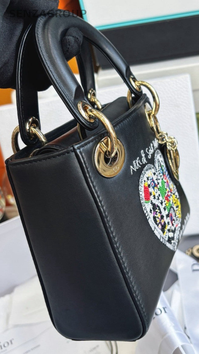 Chirstian Dior Lady Pearl Embroidery Top Handle Chain 2way Shoulder bag Black