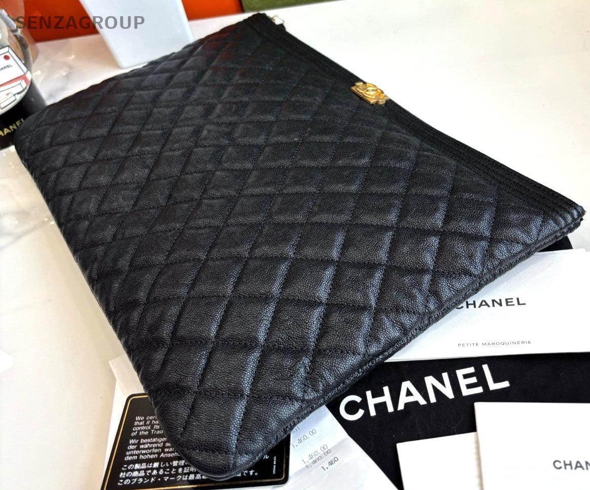 CHANEL Leboy Calfskin Clutch Handbag Black Gold Almost Brand NEW