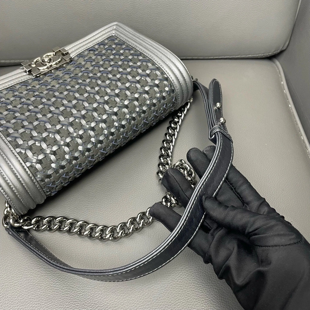 CHANEL Medium Leboy Woven Flap Silver Shoulder Crossbody Women