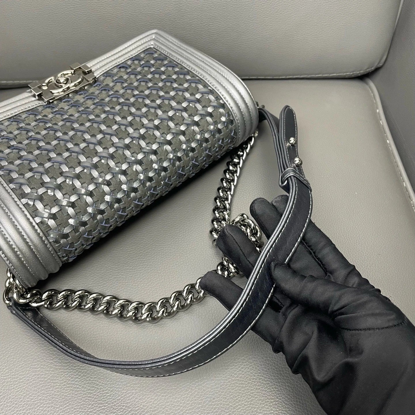 CHANEL Medium Leboy Woven Flap Silver Shoulder Crossbody Women