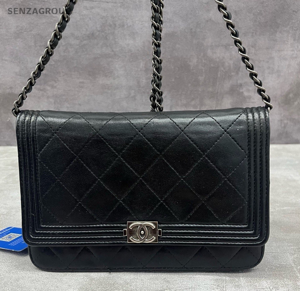 Chanel Leboy WOC Calfskin Chain Shoulder Bag Black Silver Diamond Women Classic