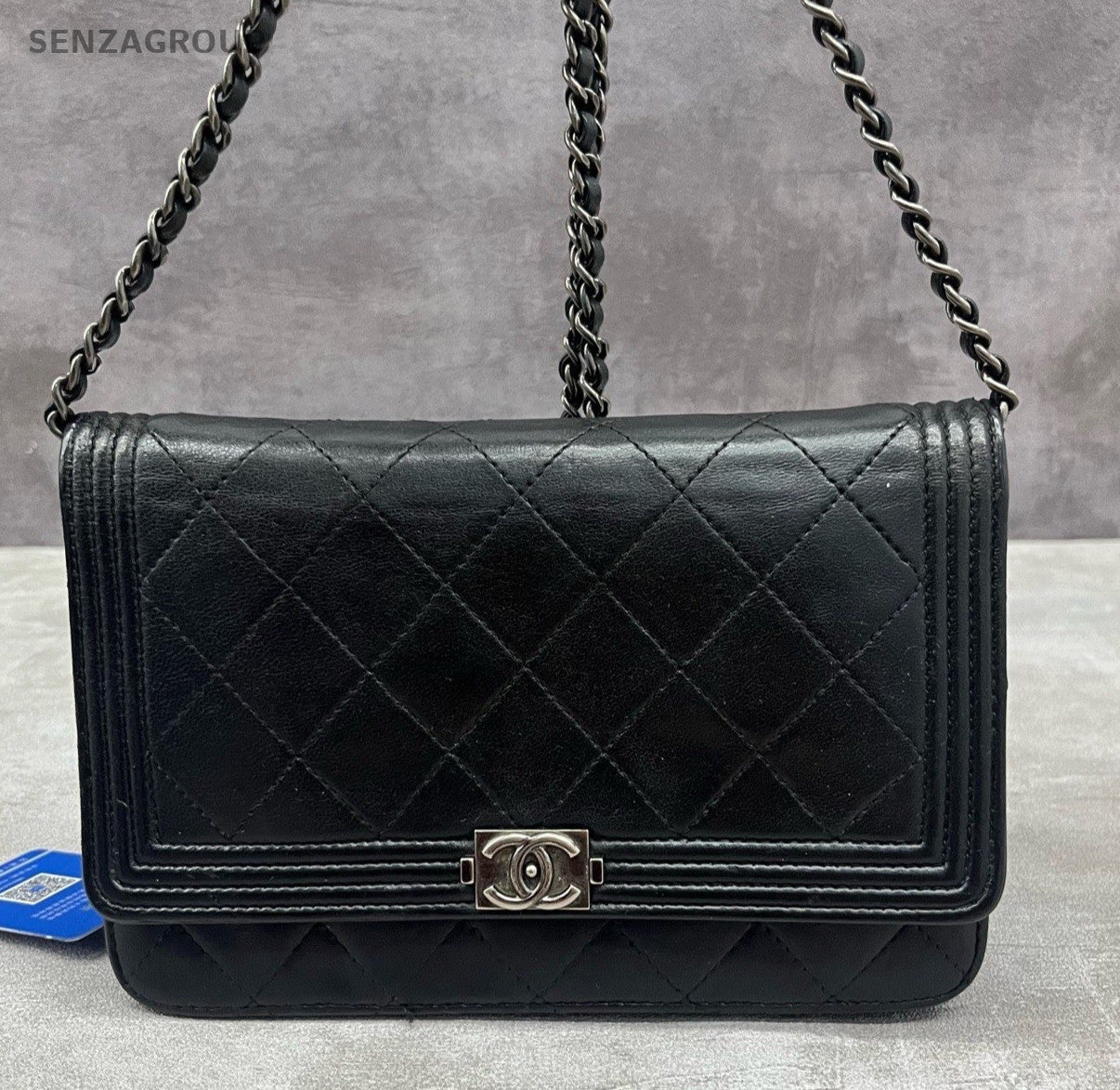 Chanel Leboy WOC Calfskin Chain Shoulder Bag Black Silver Diamond Women Classic