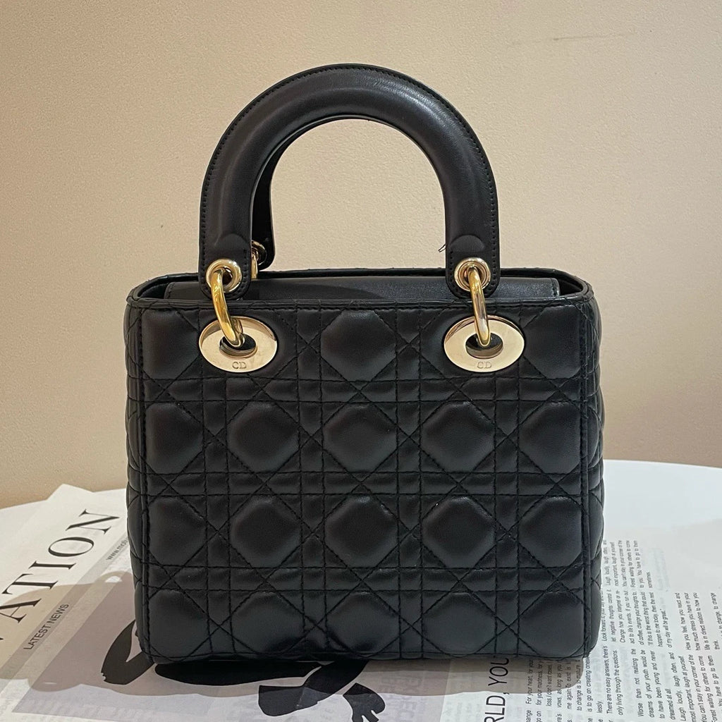 Dior Lady Dior Lambskin Black Gold Shoulder Bag Handbag Excellent