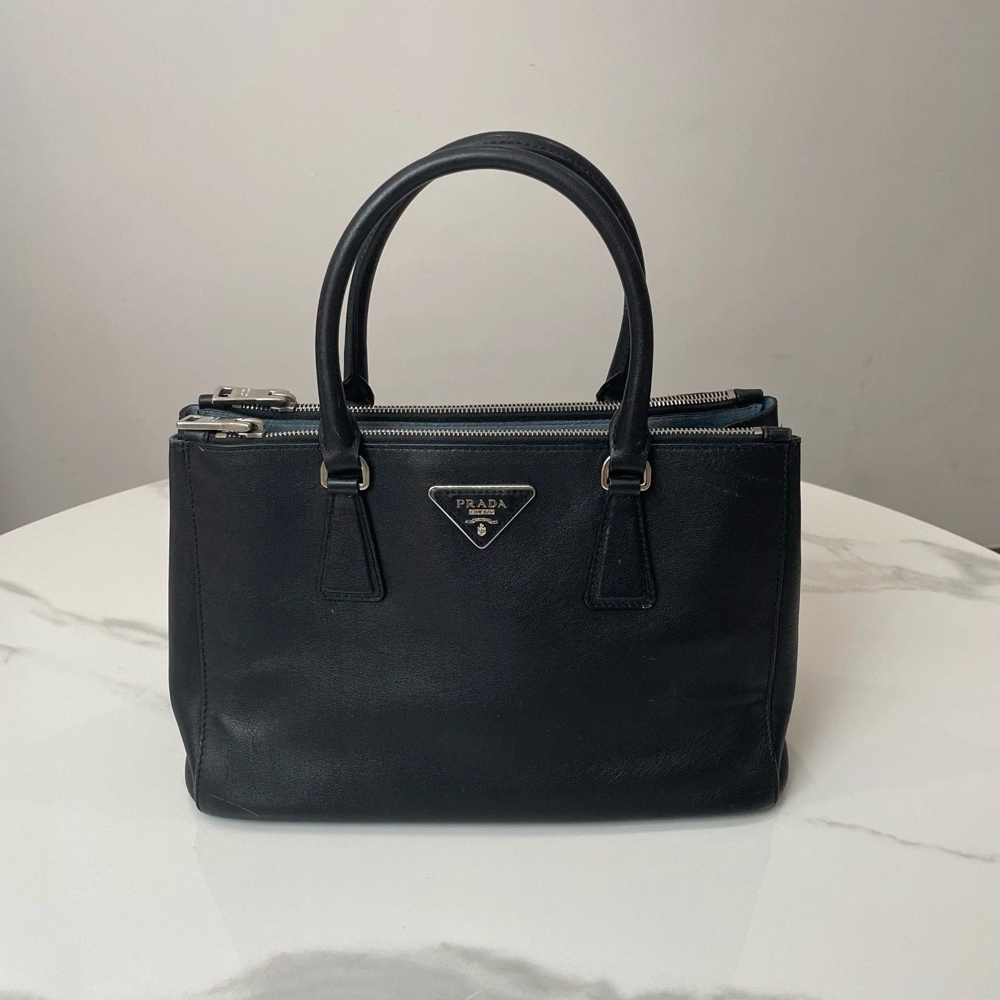 PRADA Black Medium Handbag With Triangle Metal Logo For Women