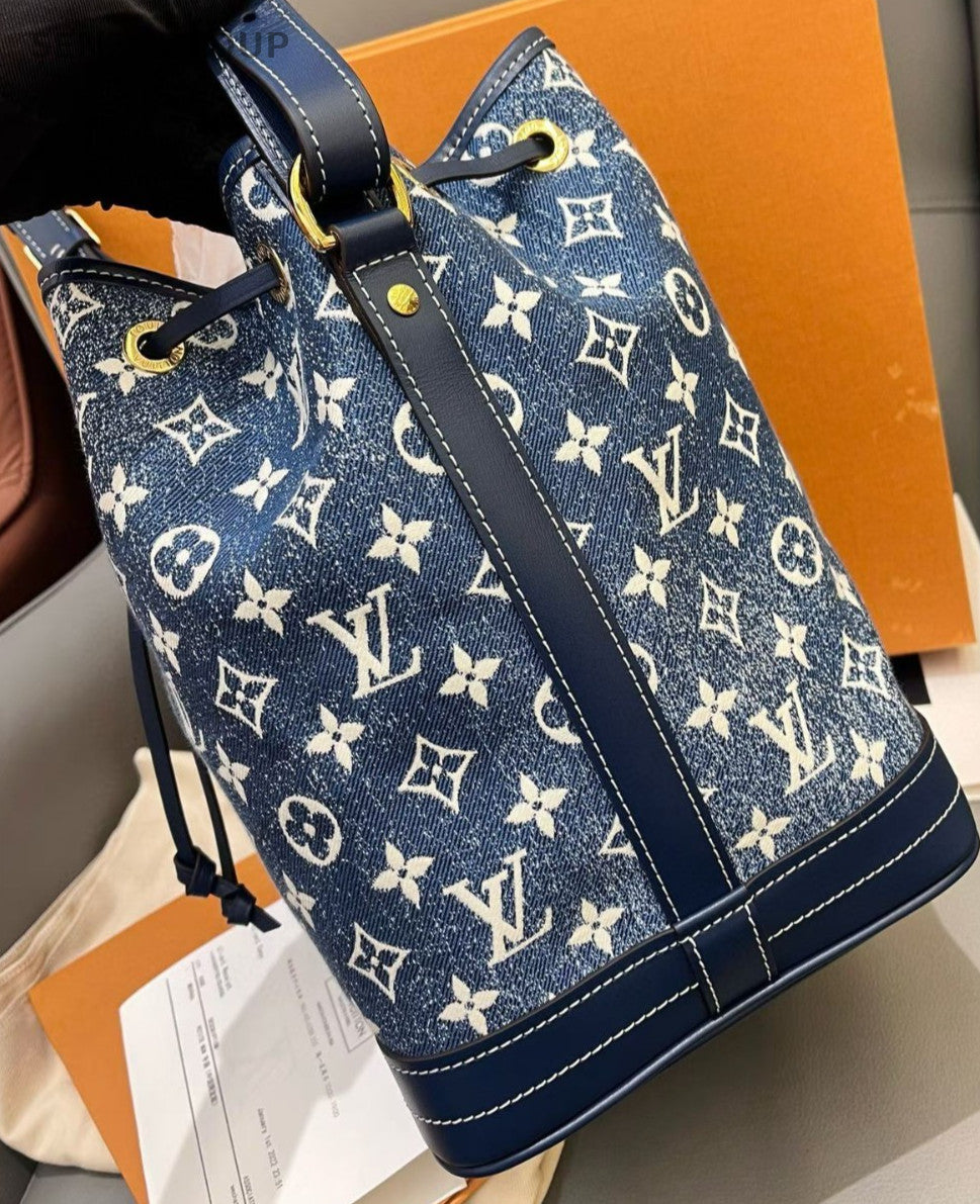 Louis Vuitton Noe Jacquard Denim Bucket Shoulder Bag Crossbody Blue Women
