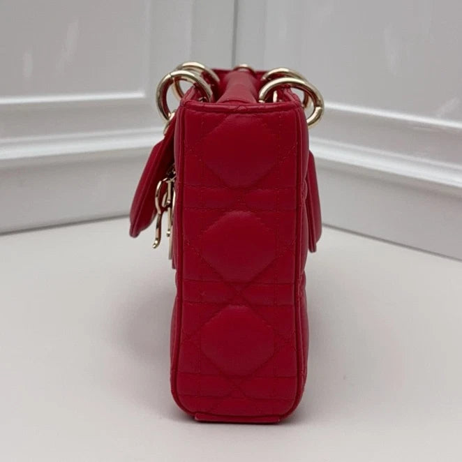 Christian Dior Lady Dior Cannage Top Handle Crossbody Red Gold Women Classic