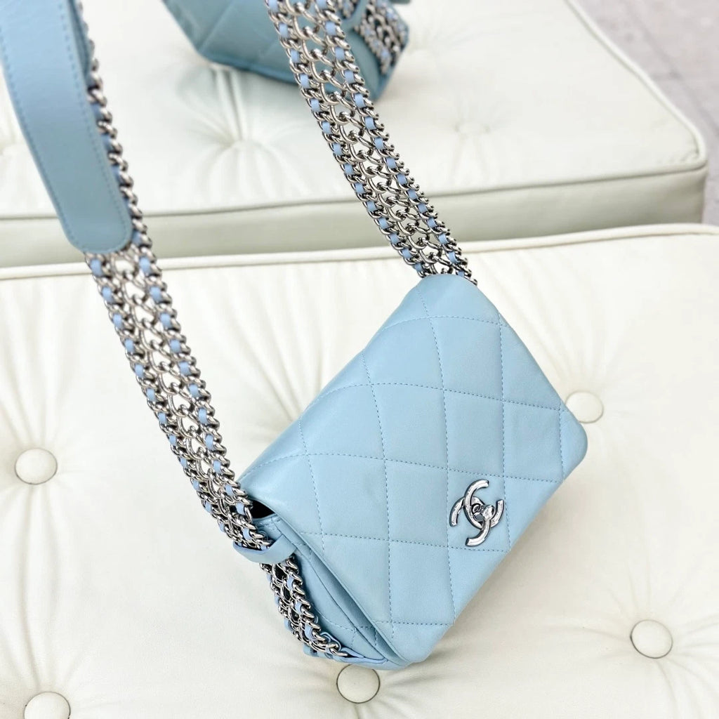 Chanel Chain Lambskin Shoulder Crossbody Bag Blue Silver Hardware Women S