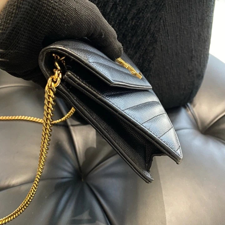 Saint Laurent Envelope PM Chain Shoulder Bag Crossbody Black Gold Women D