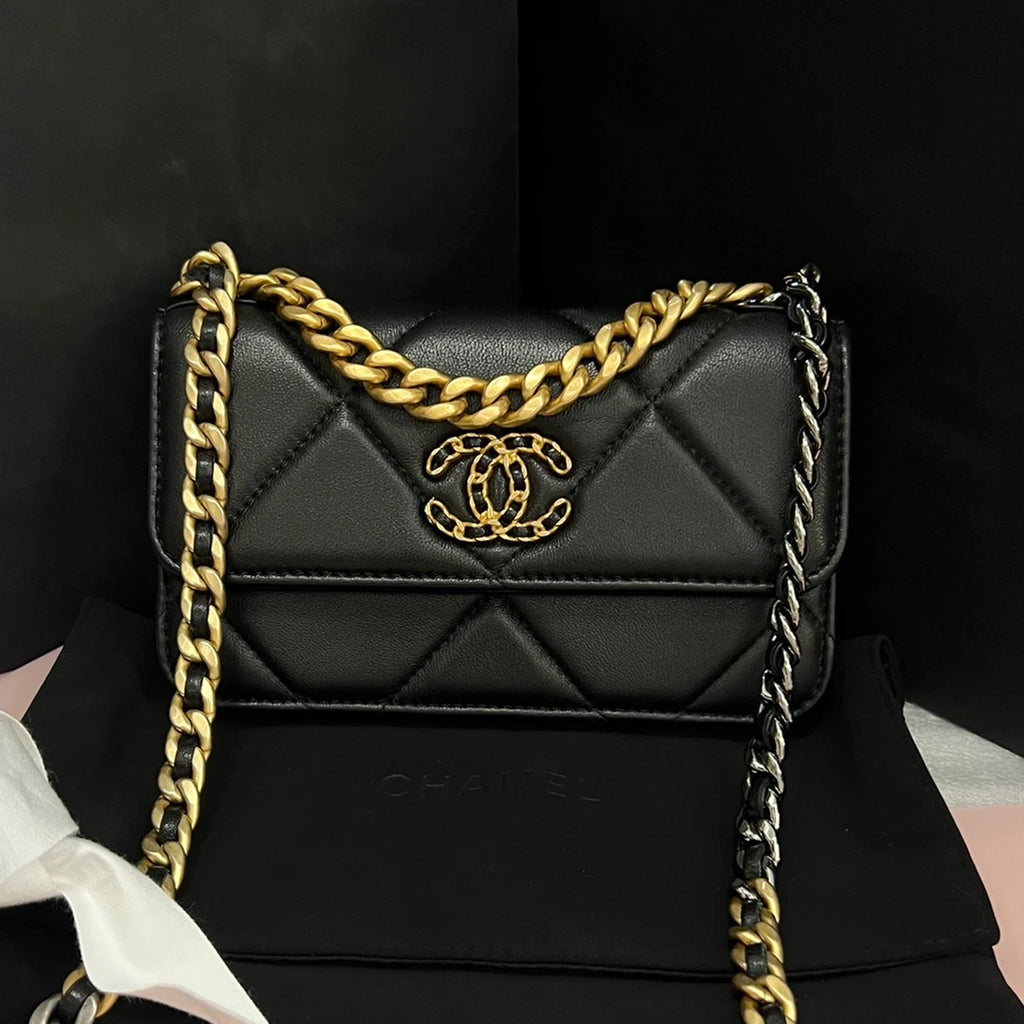 Chanel 19Bag WOC Lambskin Mini Chain Top Handle Crossbody Black Gold Women