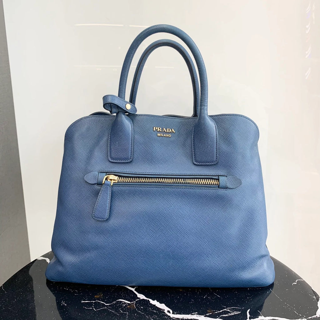 Prada Calfskin Tote Top Handle Bag Blue Gold Hardware Women S