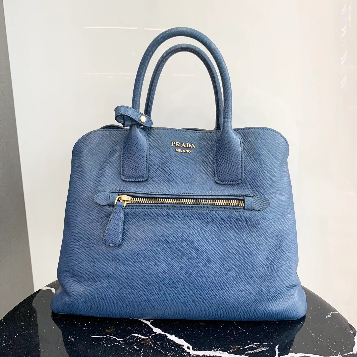 Prada Calfskin Tote Top Handle Bag Blue Gold Hardware Women S