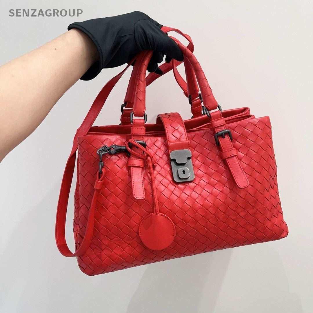 Bottega Veneta Roma PM Top Handle Shoulder Crossbody Bag Red Intrecciato Women