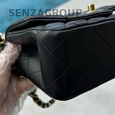 Chanel 25S Black Gold Quilted Lambskin Mini Square Flap Bag Chain Crossbody