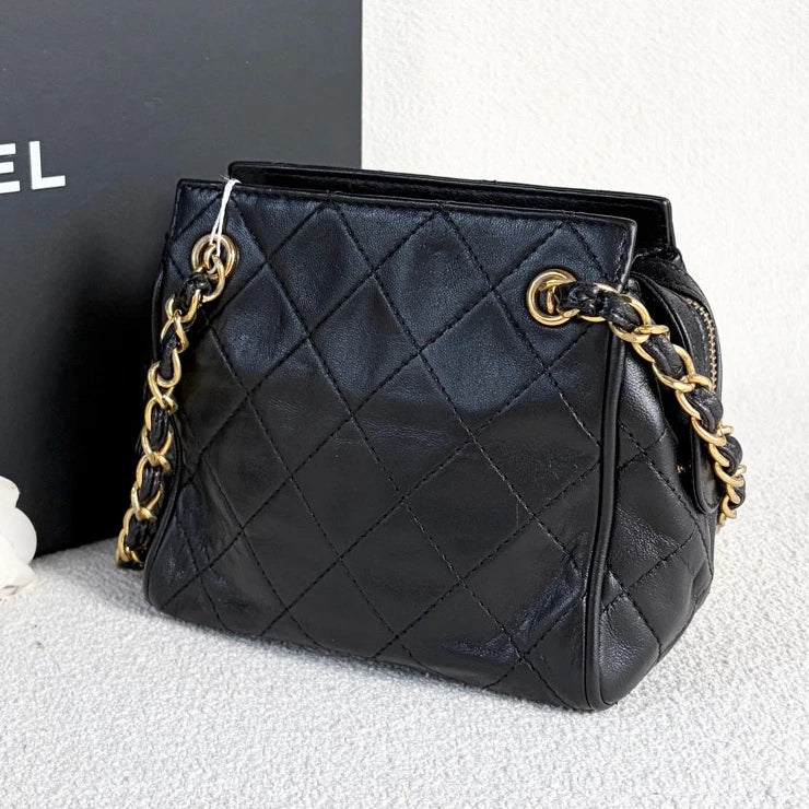 Chanel Calfskin Chain Shoulder Bag Black Gold Diamond Women Classic Vintage