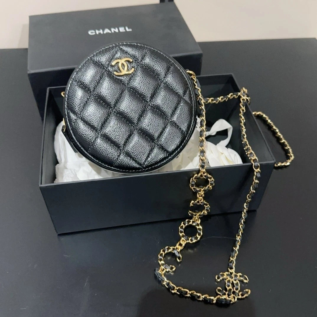 CHANEL Coco Black Gold Leather Round Shoulder Crossbody For Women