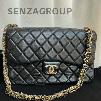 Chanel Classic Flap Quilted Pearl Chain Shoulder Bag Black Gold Hardware