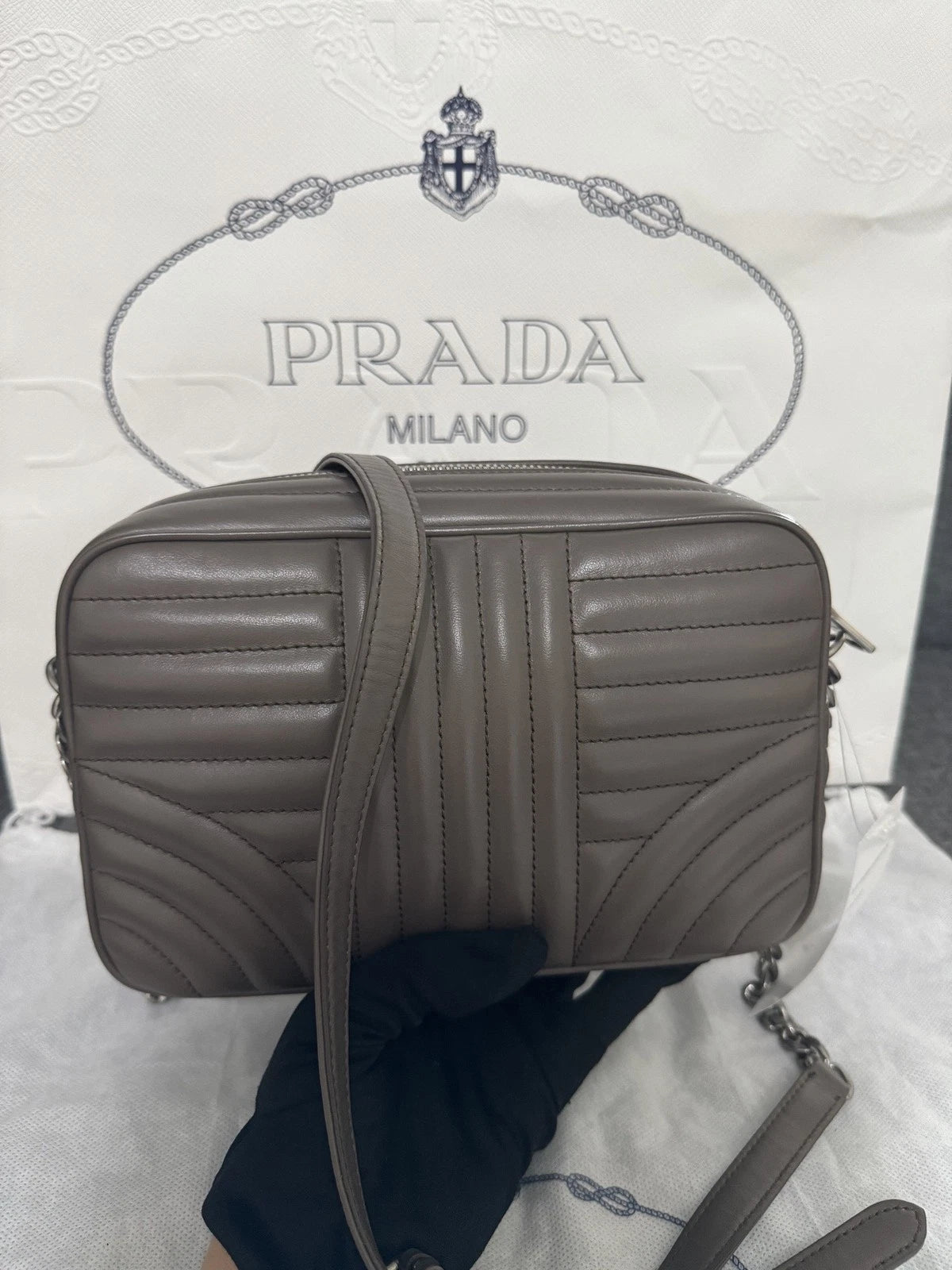 Prada Nylon Classic Logo Stripe Shoulder Crossbody Camera Bag Women