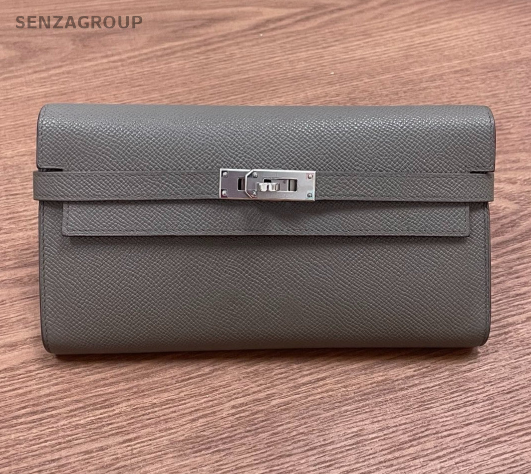 Hermes Kelly Long Wallet Clutch Epsom Gray Silver Women Classic