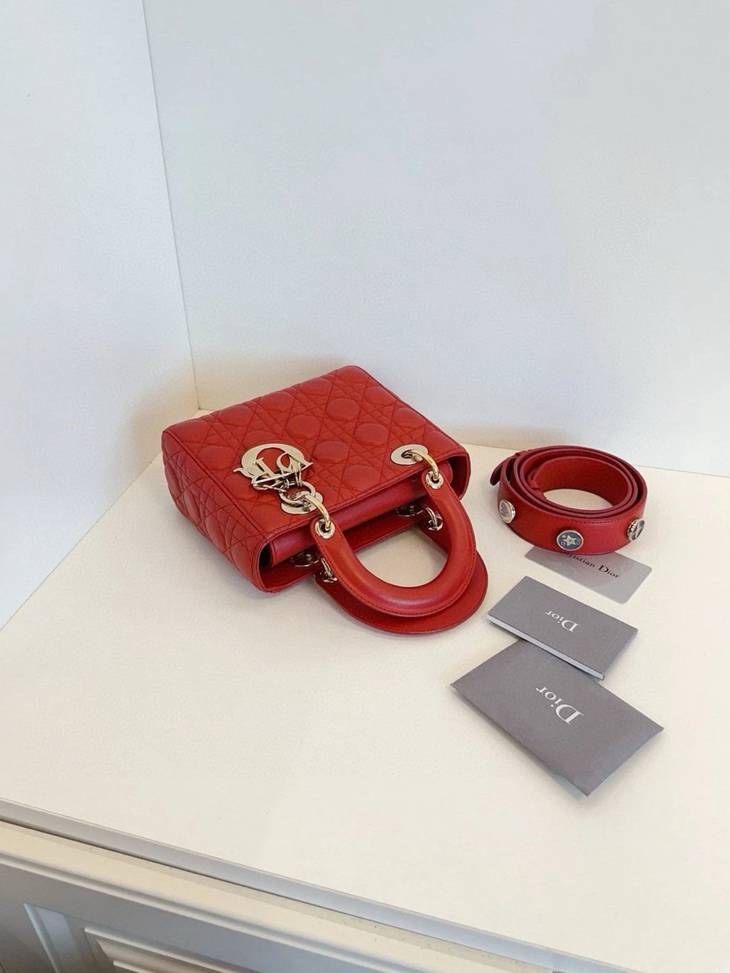 Dior Lady Dior Leather Red Shoulder Bag Excellent