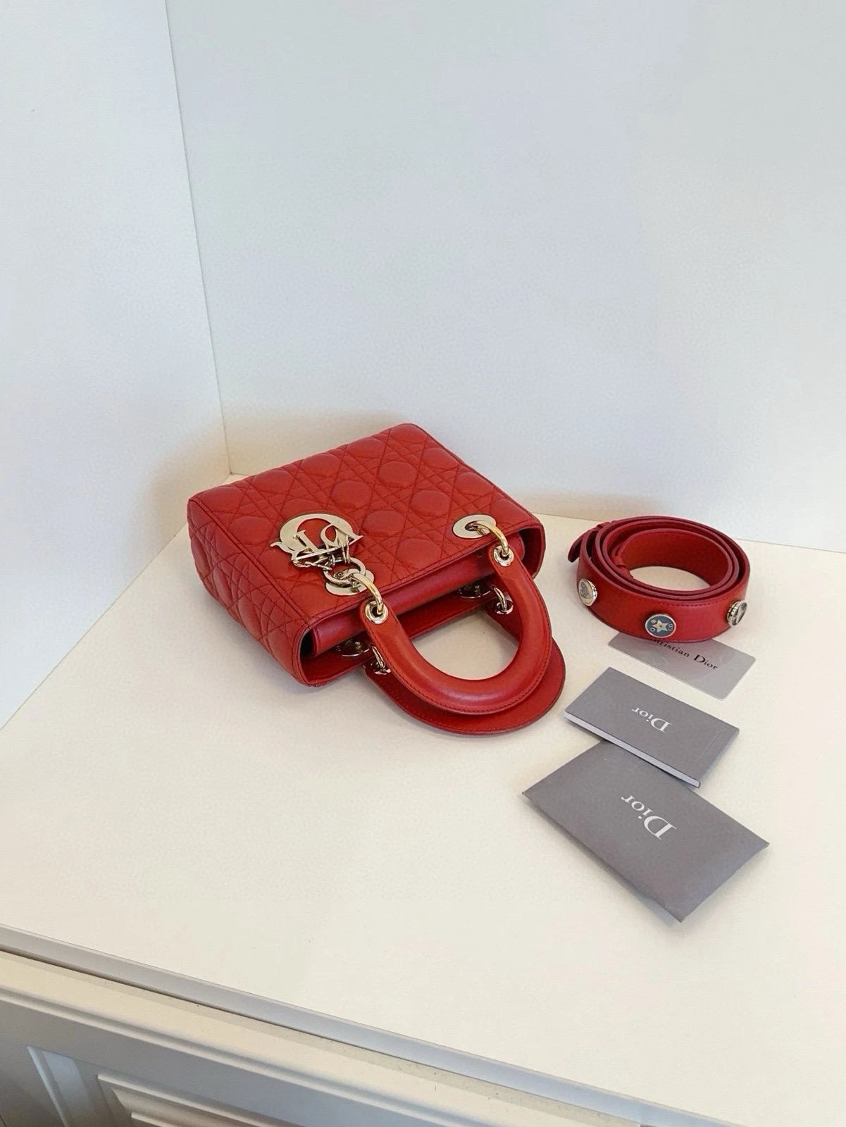 Dior Lady Dior Leather Red Shoulder Bag Excellent