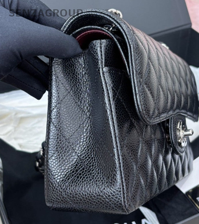 Chanel Classic Flap PM Calfskin Chain Shoulder Bag Black Silver Women Fashion