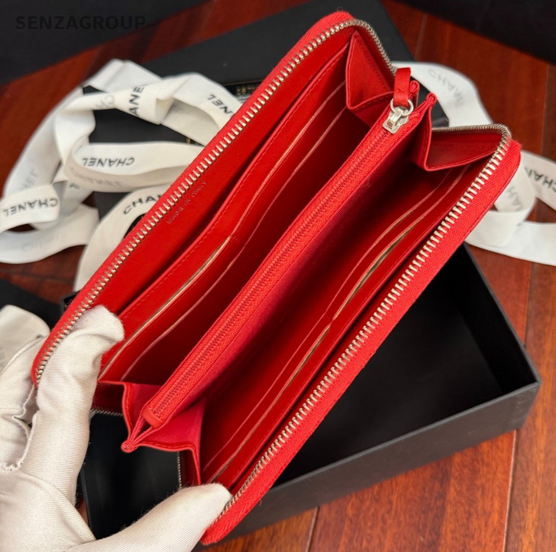 Chanel Diamond Long Wallet Clutch Red Silver Used Women Classic