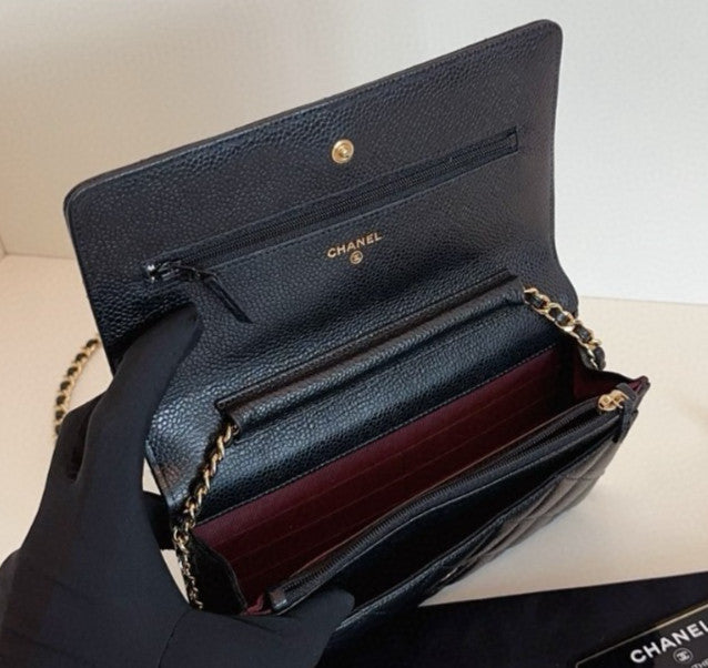 Chanel WOC Diamond Chain Shoulder Bag Crossbody Black Gold Women Classic