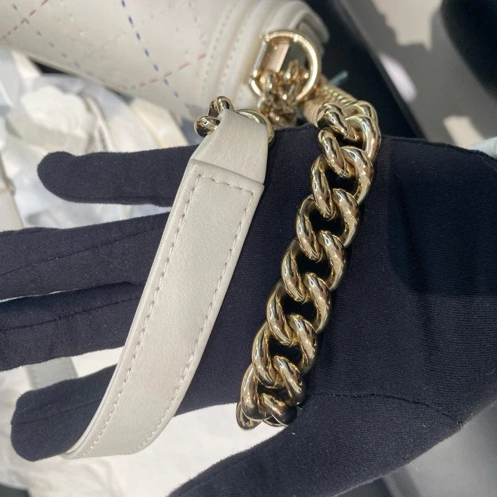 Chanel Leboy MM Calfskin Shoulder Crossbody Bag White Gold Women Fashion D