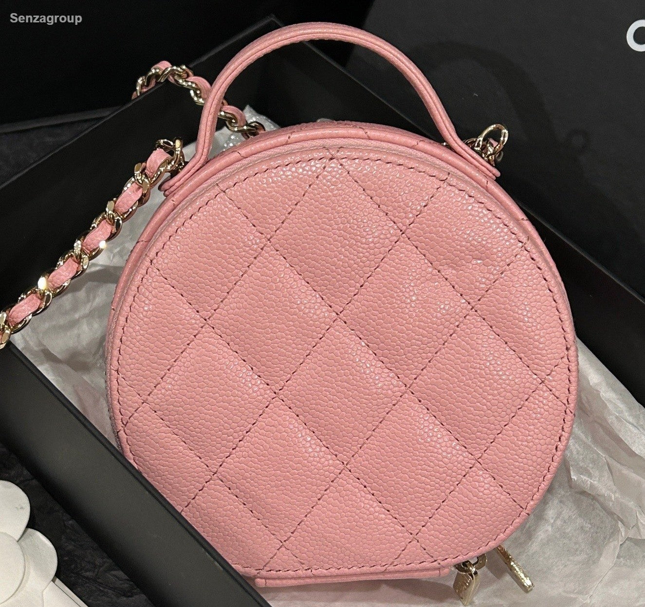 Chanel Diamond Calfskin Round Bag Chain Shoulder Bag Crossbody Pink Gold Women