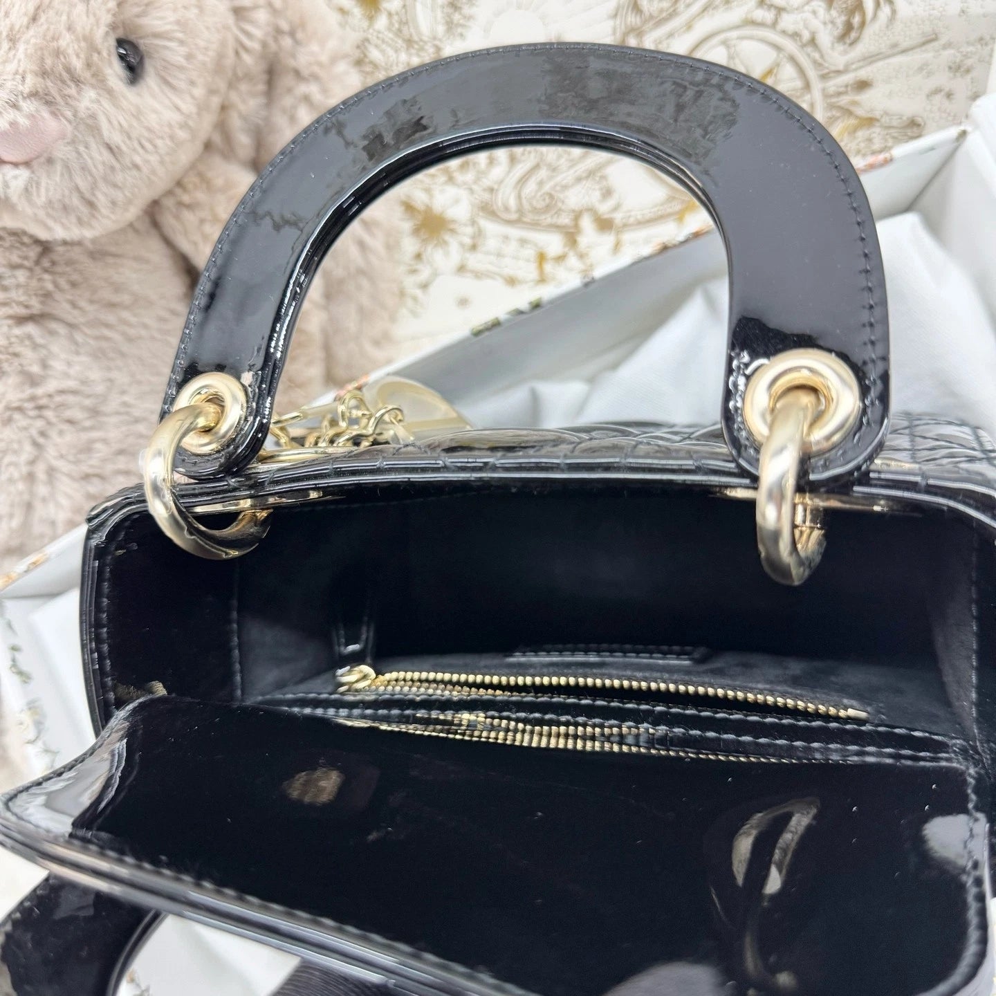 Dior Lady Dior Leather Black Gold Top Handle Excellent