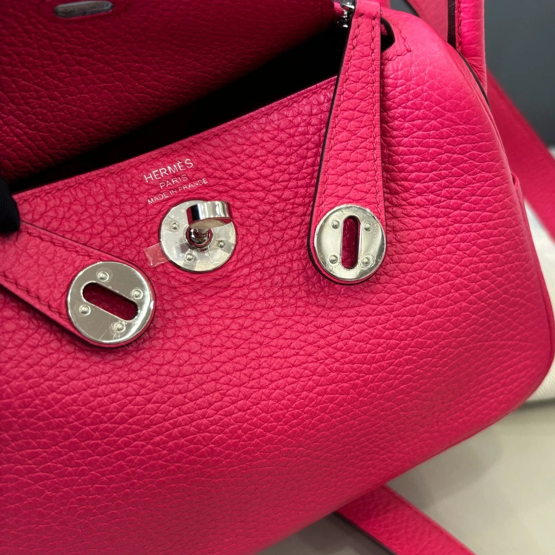 Hermes Lindy Mini TC Leather Top Handle Shoulder Bag Pink Silver Women Classic