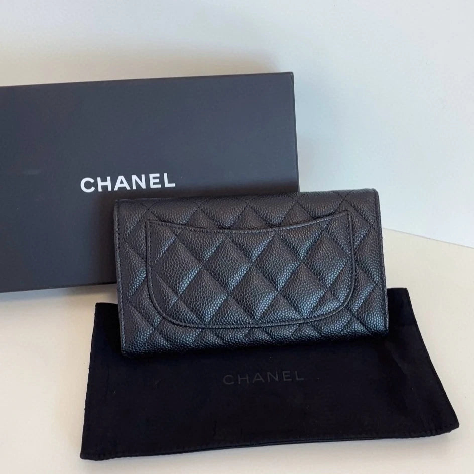 Chanel Classic Flap Long Wallet Diamond Black Gold Used Women