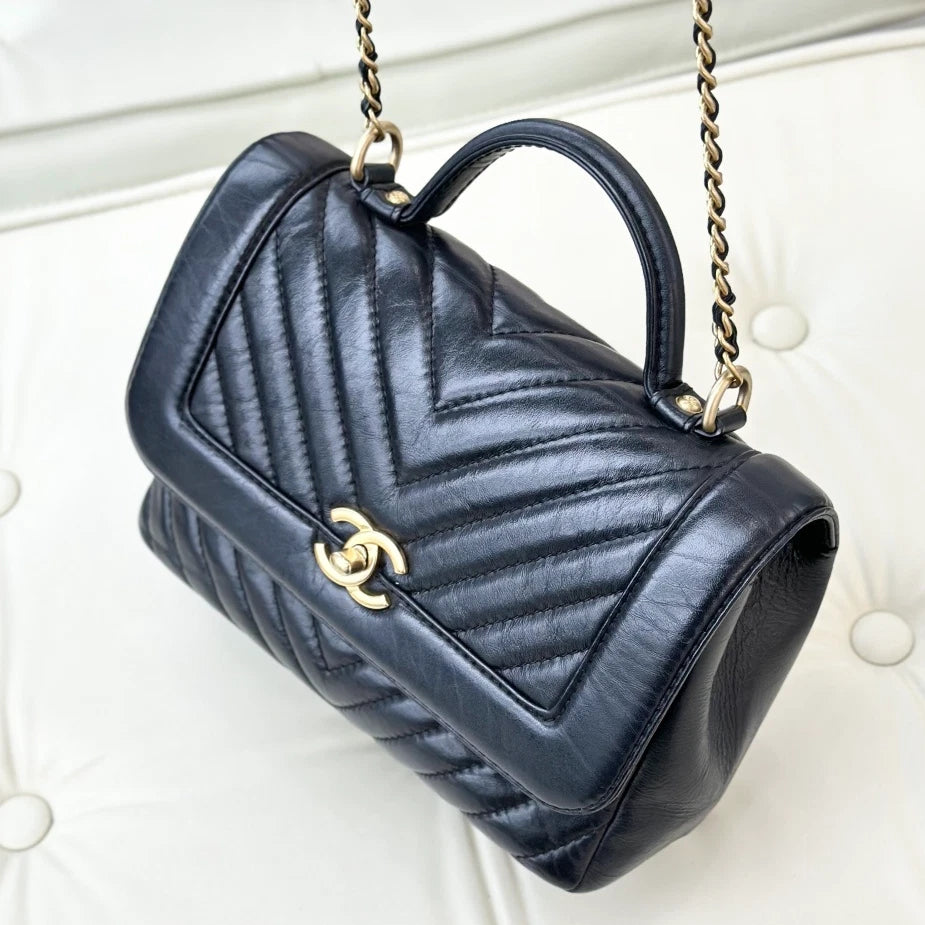 Chanel Calfskin Chevron Chain Crossbody Top Handle Bag Black Gold Women S