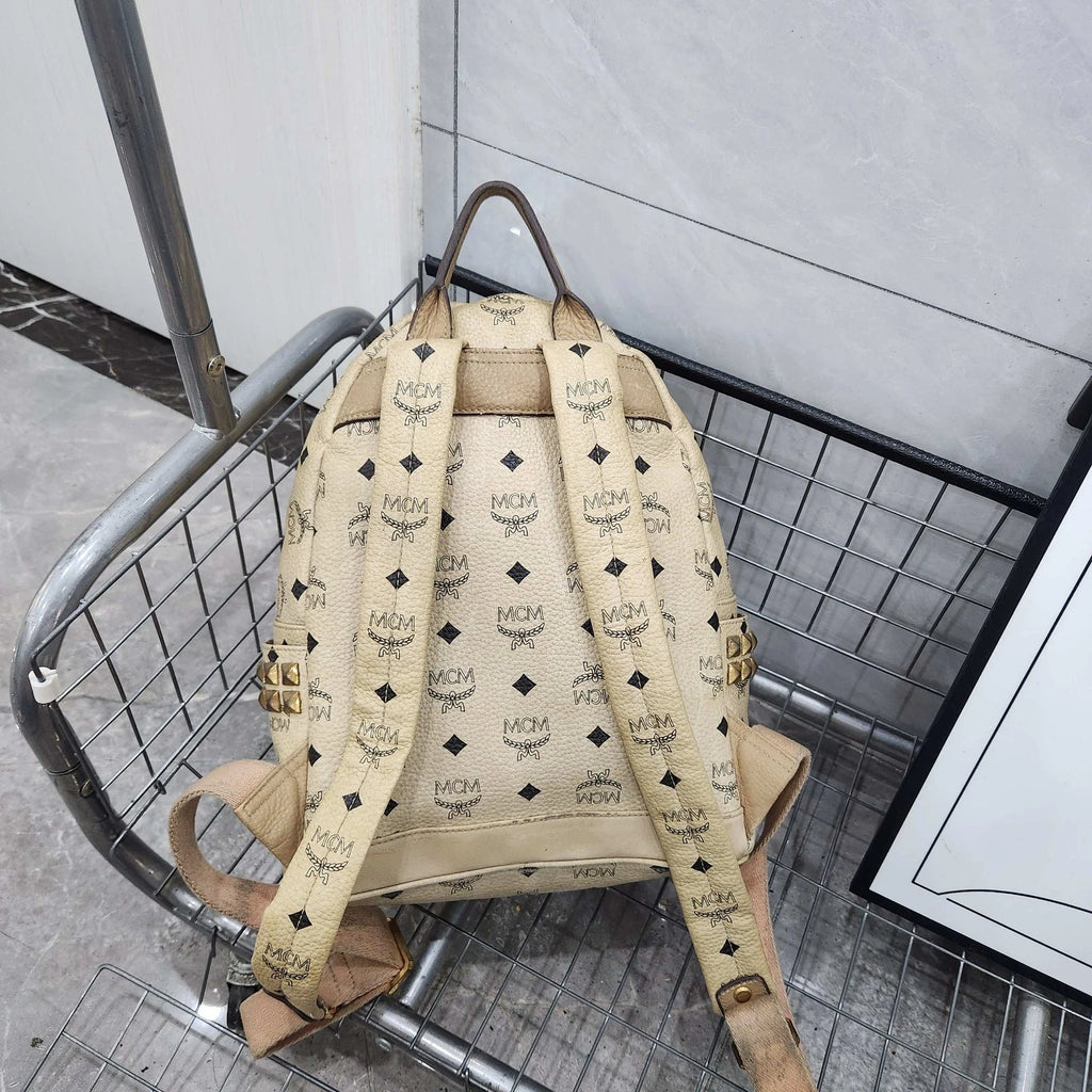 MCM Beige Monogram Studded Backpack For Women