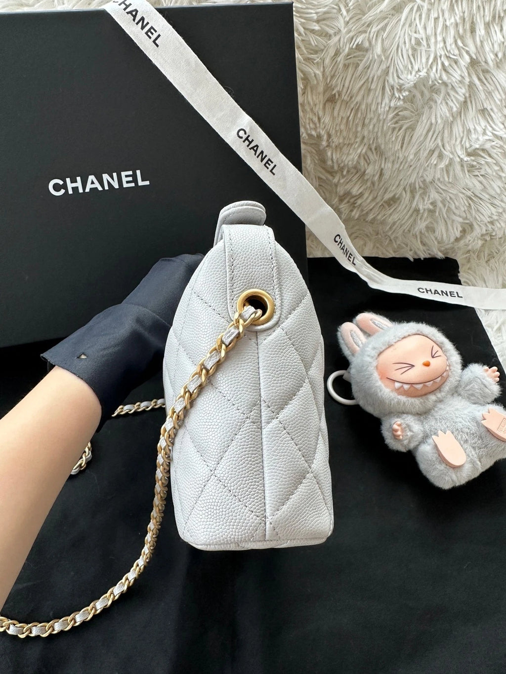 New CHANEL Gray Leather Lunch Box Bag For Women Handbag Shoulder Crossbody