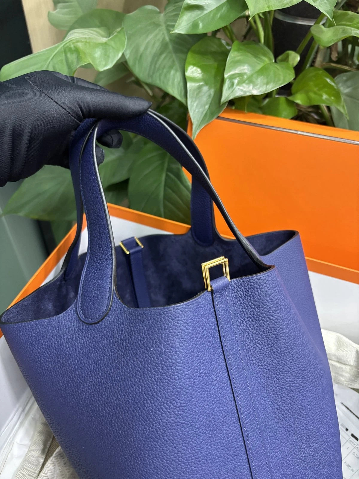 Hermes Picotion22 Bucket Top Handle Bag Blue Gold Used Women Classic