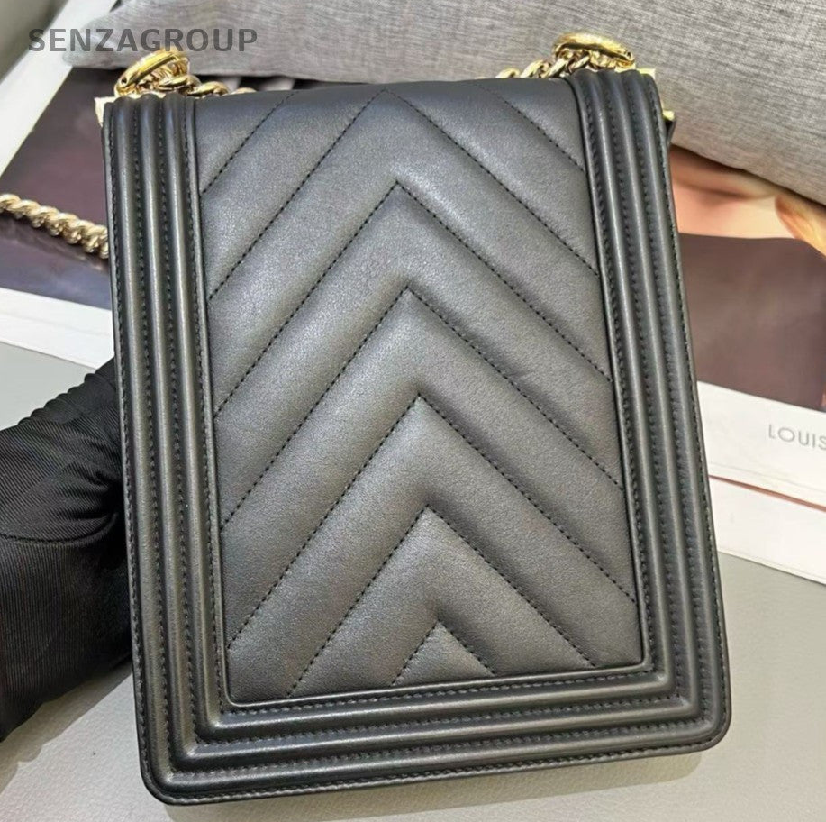 Chanel Leboy Calfskin Chain Crossbody Black Gold Women Classic Designer