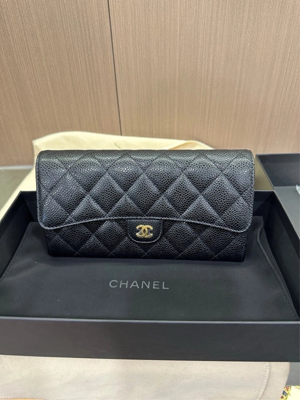 CHANEL Black Gold Grained Calfskin CF Long Chain Wallet For Women