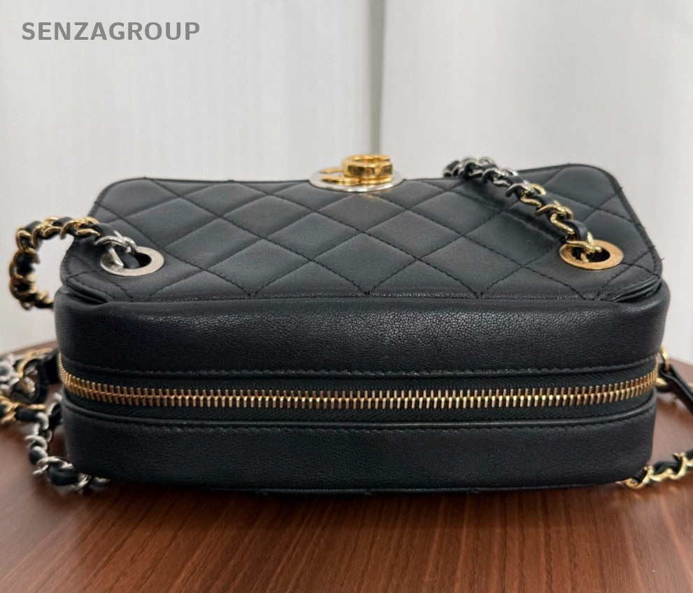 Chanel Diamond PM Calfskin Camera Chain Shoulder Bag Black Gold Women Classic