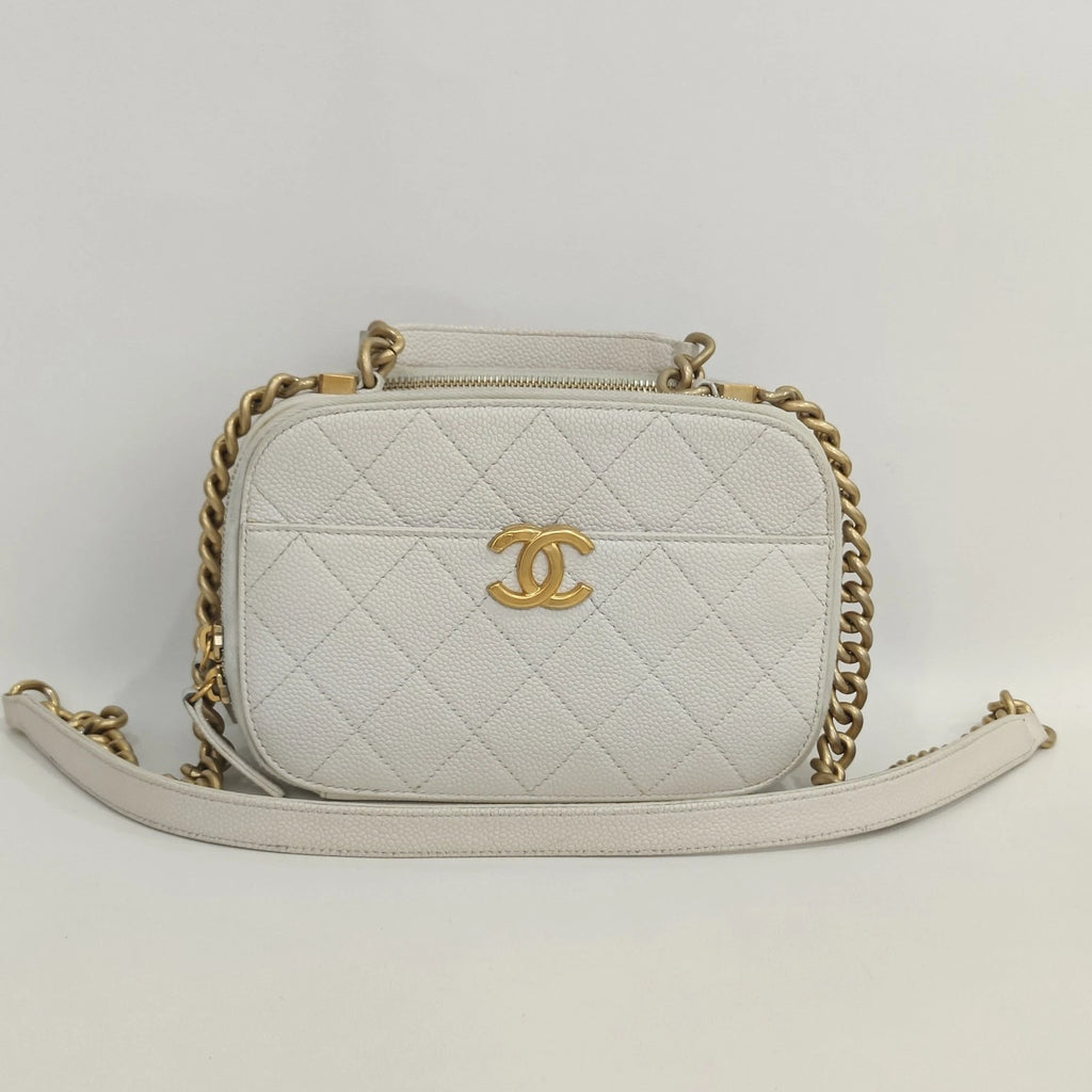 CHANEL Leather White Gold Camera Box Bag For Women