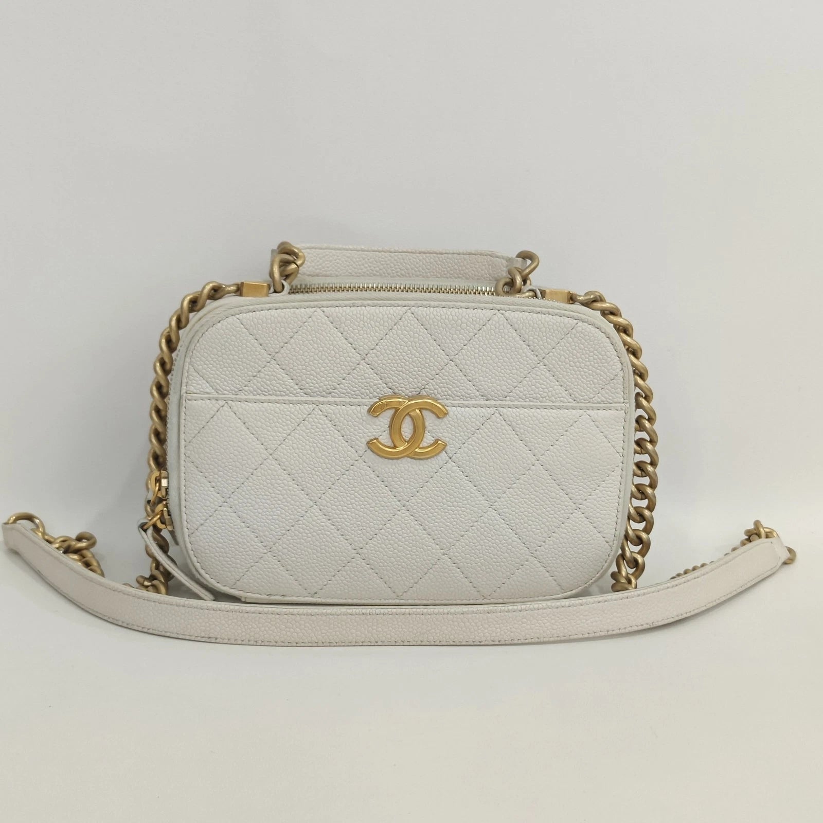 CHANEL Leather White Gold Camera Box Bag For Women
