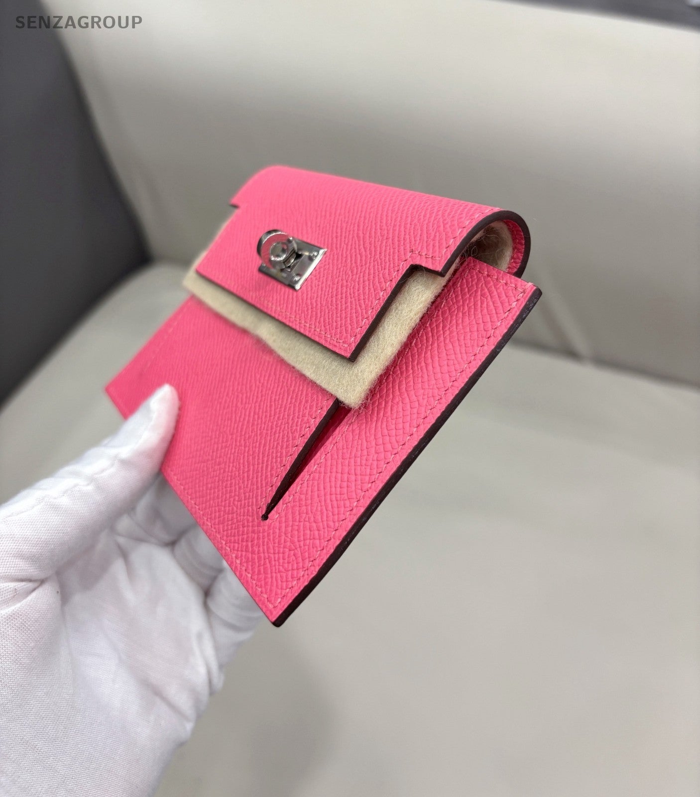 Hermes 8W Kelly Pocket Epsom Leather Pink Silver Women