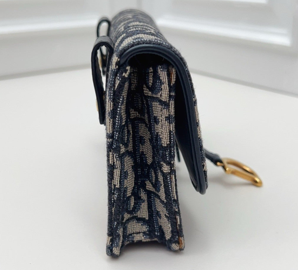 Christian Dior Oblique Chain Shoulder Bag Crossbody Blue Gold Women Classic