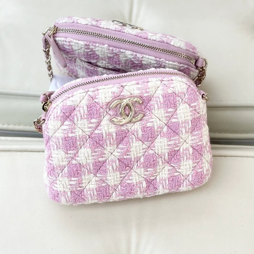 Chanel Tweed Shell Bag Chain Shoulder Bag Crossbody Pink Gold Women Classic S