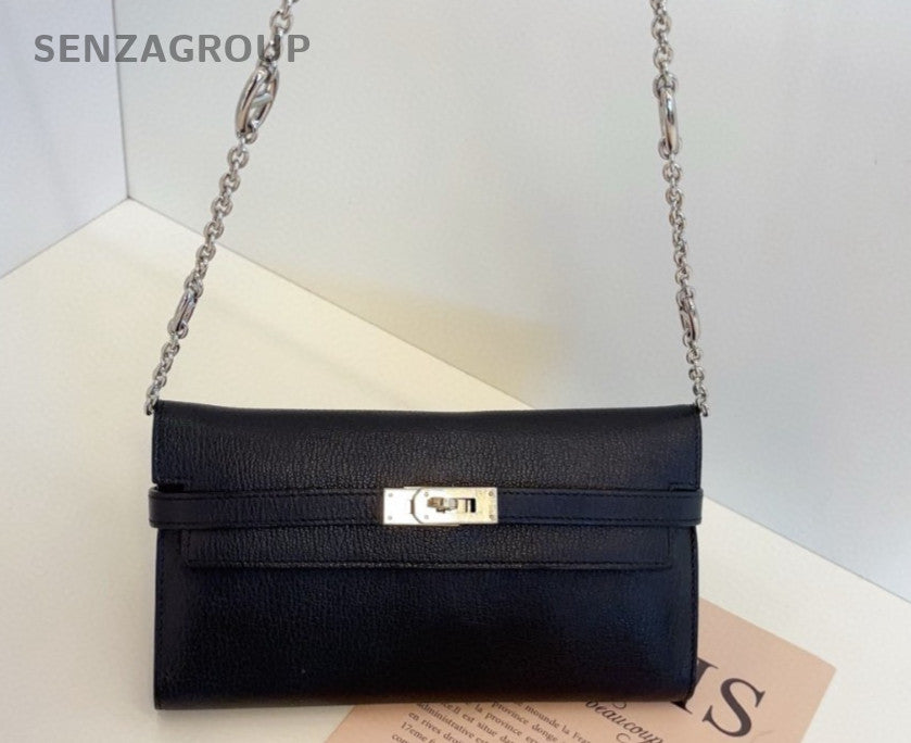 Hermes KellyToGo Lambskin Clutch Chain Shoulder Bag Black Silver Women Classic