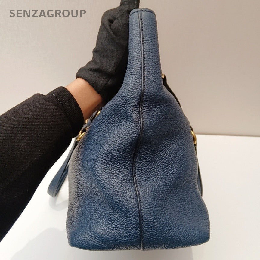 Prada Calfskin Tote Shoulder Bag Blue Gold Used Women Classic