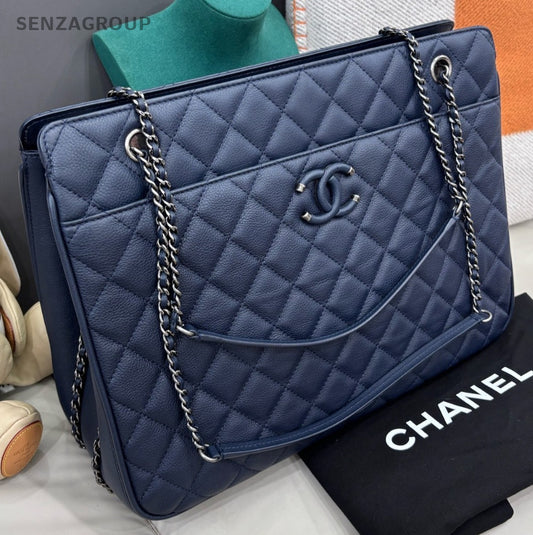 Chanel Tote Chain Shoulder Bag Blue Silver Diamond Women Classic