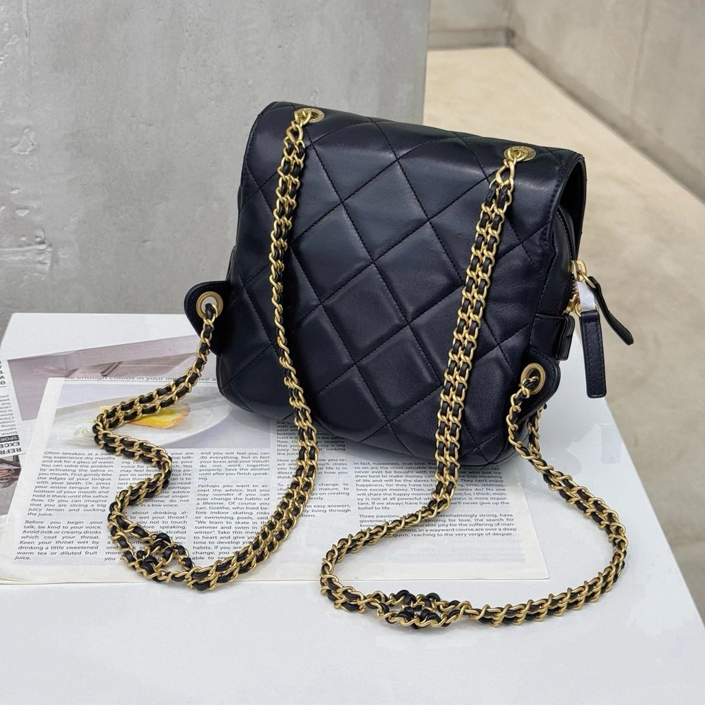 Chanel Diamond Chain Backpack Black Gold Women Classic